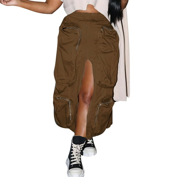 Gbsyewxs Womens Skirts Midi Skirt Elastic Waist Solid Color With Large Pockets Zipper Split Loose Women'S Skirts Brown