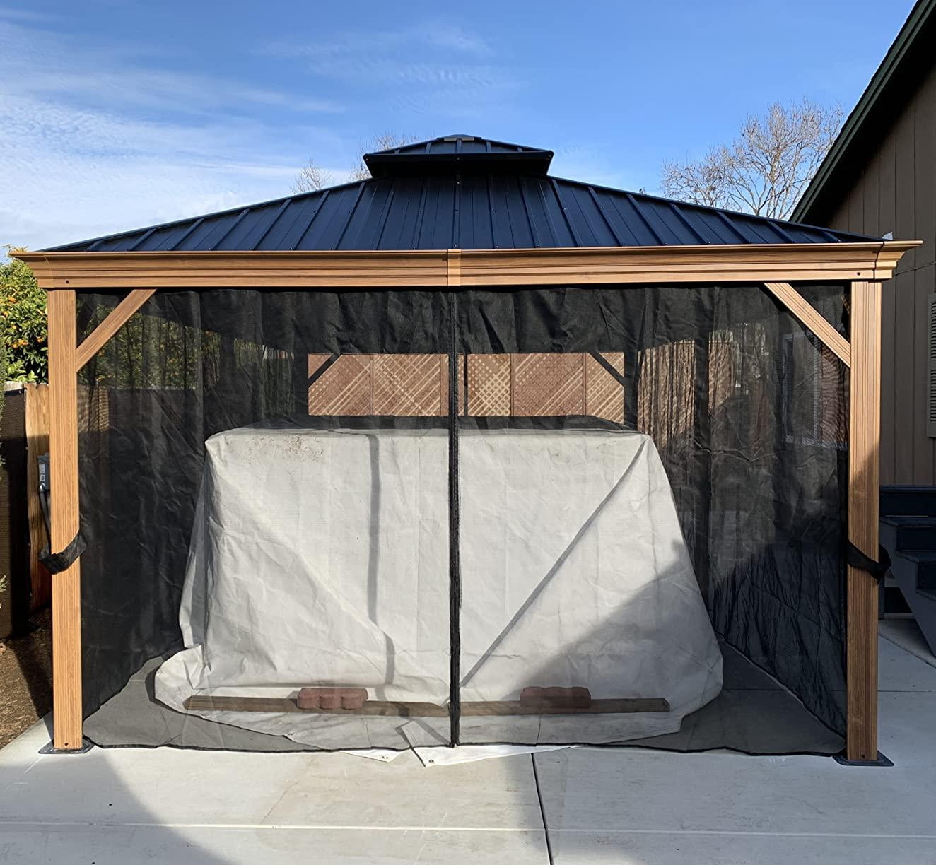 PURPLE LEAF 10' X 12' Outdoor Hardtop Gazebo for Patio Galvanized Steel Double Roof Permanent Canopy Teak Finish Coated Aluminum Frame Pavilion Gazebo with Netting