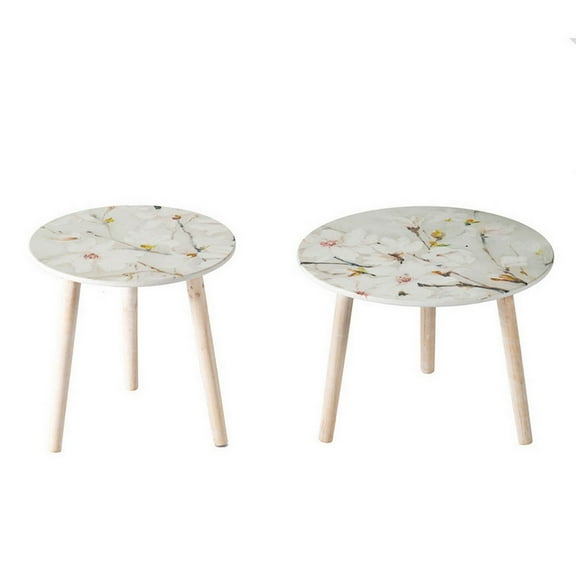 Benjara Byle 16- 20" Side Table Set of 2- Floral Design- Cherry Blossom- White