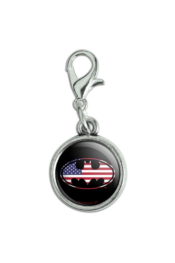 Batman USA American Flag Shield Logo Antiqued Bracelet Pendant Zipper Pull Charm with Lobster Clasp