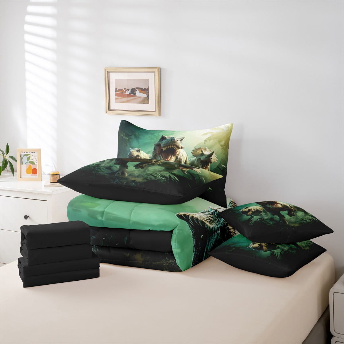Manfei Boys Dinosaur Twin Bedding Sets 7pcs, Dino Theme Bedding Comforter Set, Jungle Wildlife Sheet Sets, Super Cozy Room Decor
