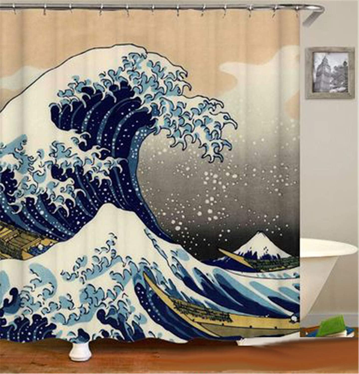 Japanese Waves Bathroom Shower Curtain Waterproof Bathtub Hooks Mould Proof Arts 