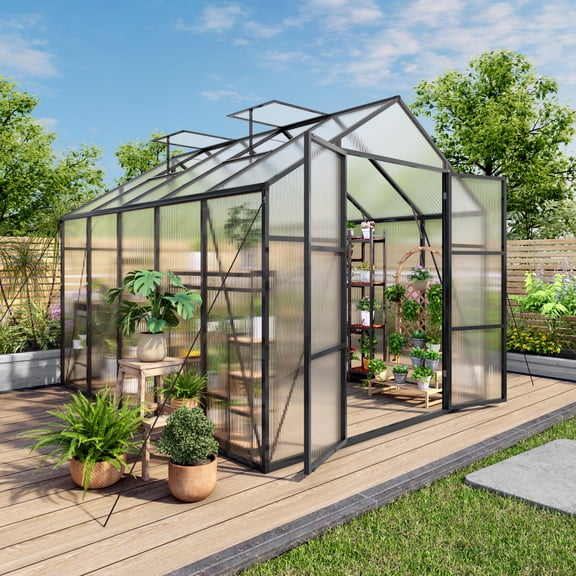 8x10FT Greenhouse Kit, Outdoor Heavy Duty Walk-in Greenhouse, Aluminum Frame with Vent, for Backyard or Garden, Black