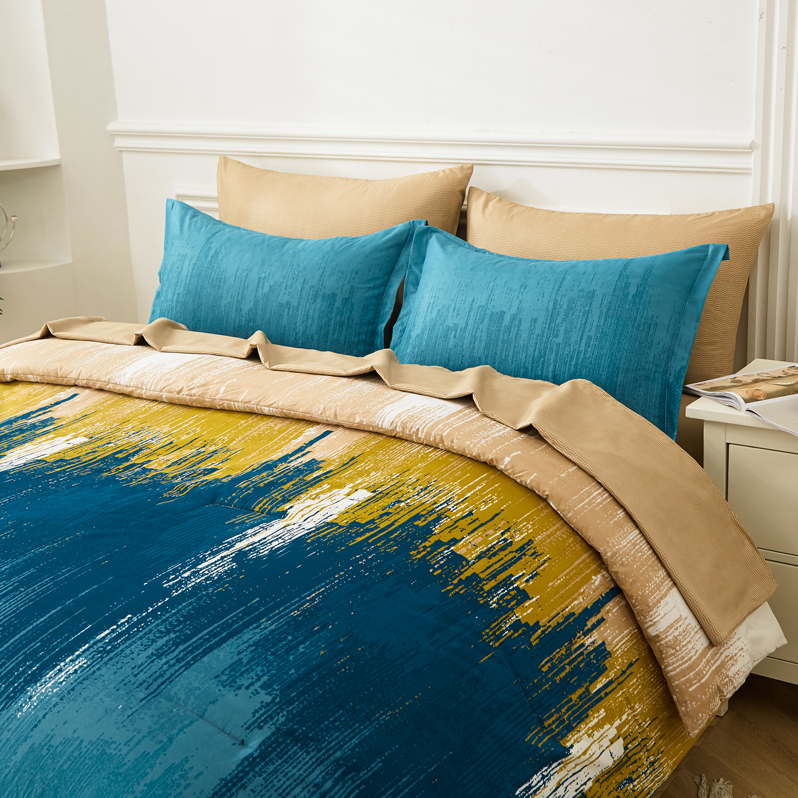 Dintszyayue Comforter Set Queen,Yellow Blue 7Pcs Abstract Gradient Soft Bed in a Bag Adult(90"x90")