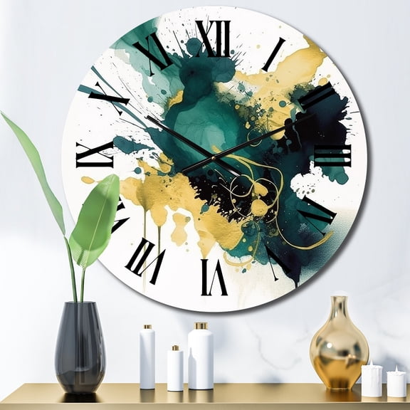 Designart "Azure, Teal, and Gold Brush II" Fractals Oversized Wall Clock
