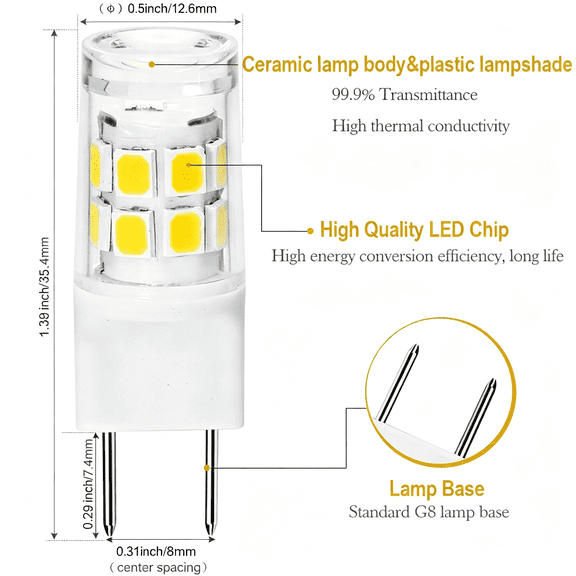 HIBIBUD G8 Led Light Bulb,Gy8.6 Bi-Pin Base,Daylight 6000K T4 Xenon Jcd Type,120V 50W Halogen Replacement for under Counter Kitchen and Cabinet Lighting (5-Pack)