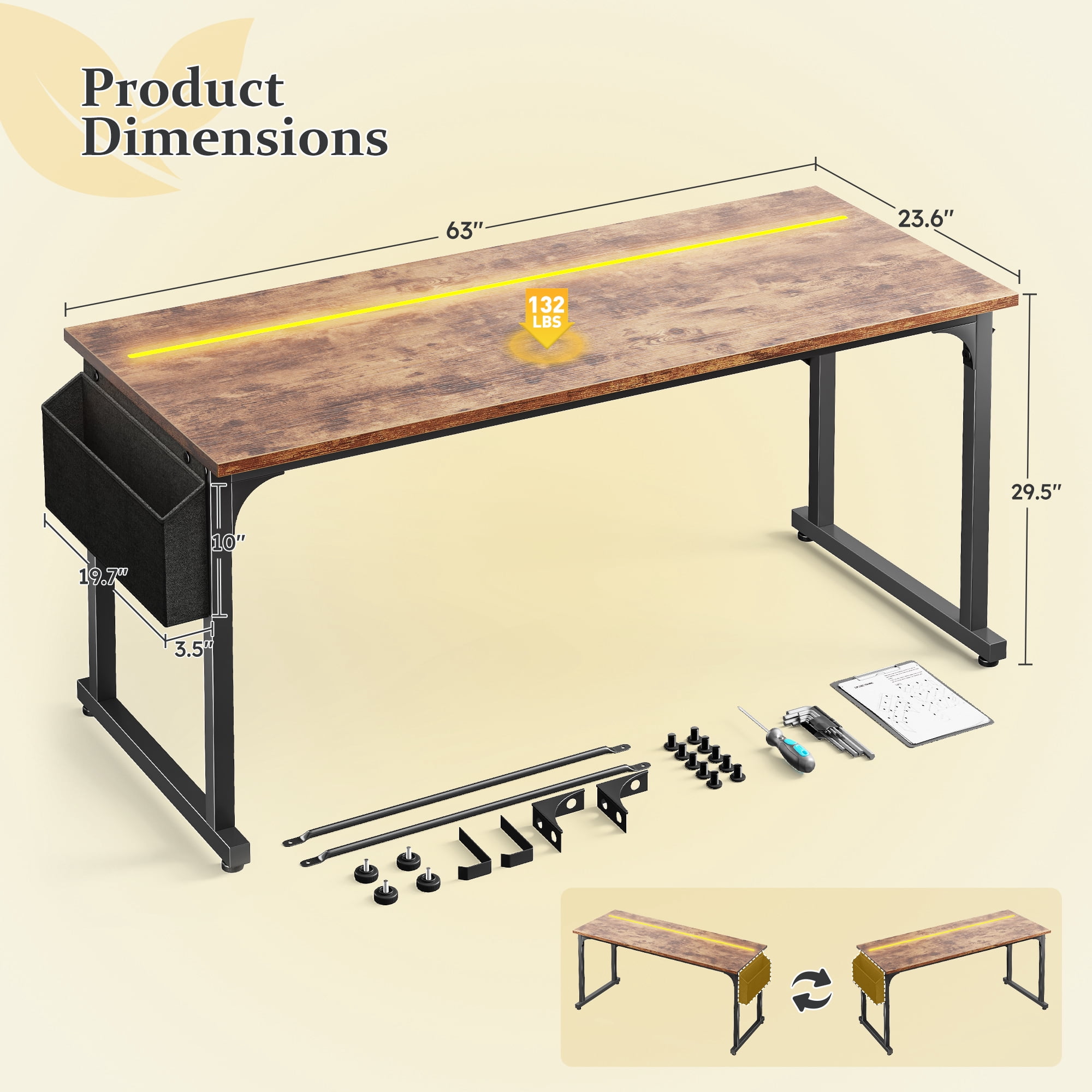 Romorgniz 63 Inch Computer Desk with LED Lights for Small Spaces, Home Office Desk with Storage Bag, Headphone Hook, Rustic Brown