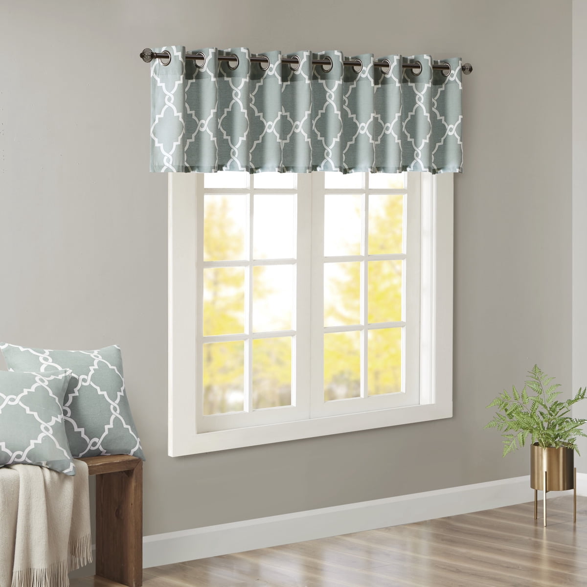 MAYEERTY 50x18" Fretwork Print Grommet Top Valance Seafoam/White