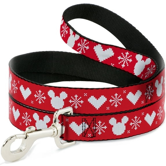 Disney Pet Leash, Dog Leash, Disney Holiday Mickey Mouse Heart Sweater Stitch Red White, 6 Feet Long 1.5 Inch Wide