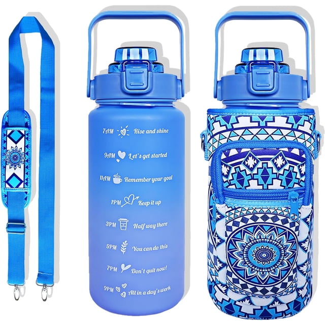 64 oz Water Bottle with Straw Sleeve & Strap Motivational BPA Free Half Gallon Water Jug with Handle for Gym Women Men Aesthetic Water Bottle with Strap Datura