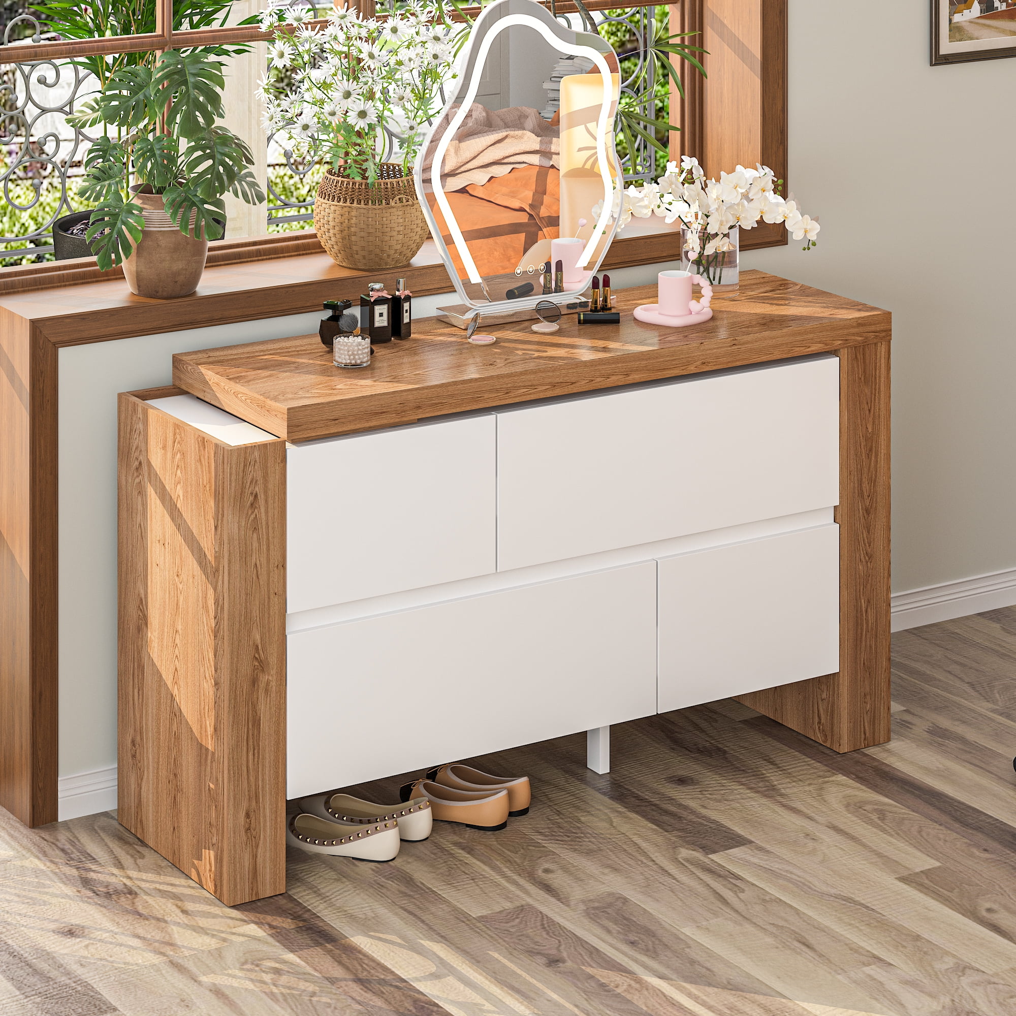 KULAGAGA L-Shaped Desk with Dresser, 3 Drawer Drawer with Shelves, White & Brown