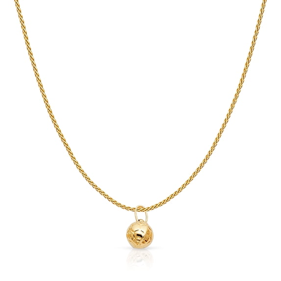 14K Yellow Gold Plain Soccer Ball Charm Pendant with 0.9mm Wheat Chain Necklace - 16"