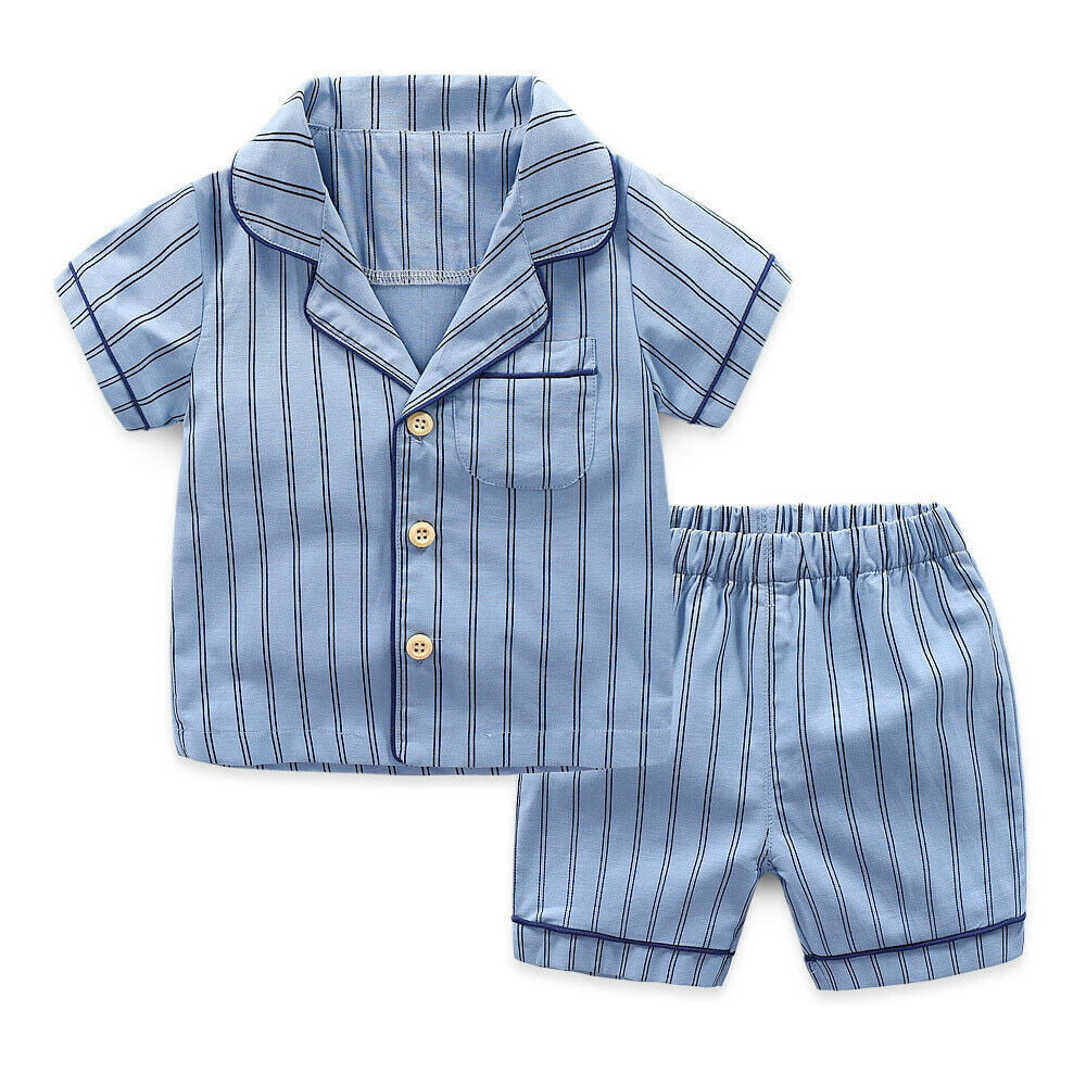 NIHAI Baby Kid Girl Boy Short Sleeve Striped T-Shirt Top Shorts Pants Cotton Blend Sleepwears 2PCS Clothes Set