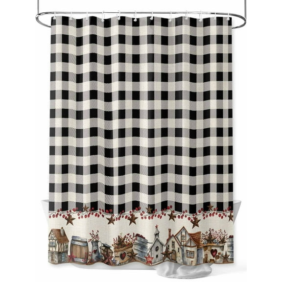 Shower Curtain Barn Star Farmhouse Bathroom Curtains with Hooks, Waterproof Fabric Black Buffalo Plaid Bath Shower Curtains Set for Bathroom Bathtubs Decor 36x72 Inch