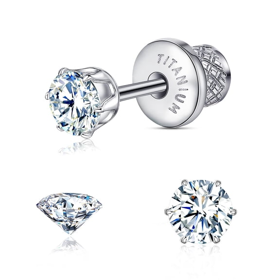Limerencia Titanium Hypoallergenic CZ Flat Back Stud Earrings for Women 20G F136 Implant Grade, 6-Prong Nickel-Free Flat Screw Back, Cartilage Tragus Earring, 24H Comfort Wear for Sensitive Ears