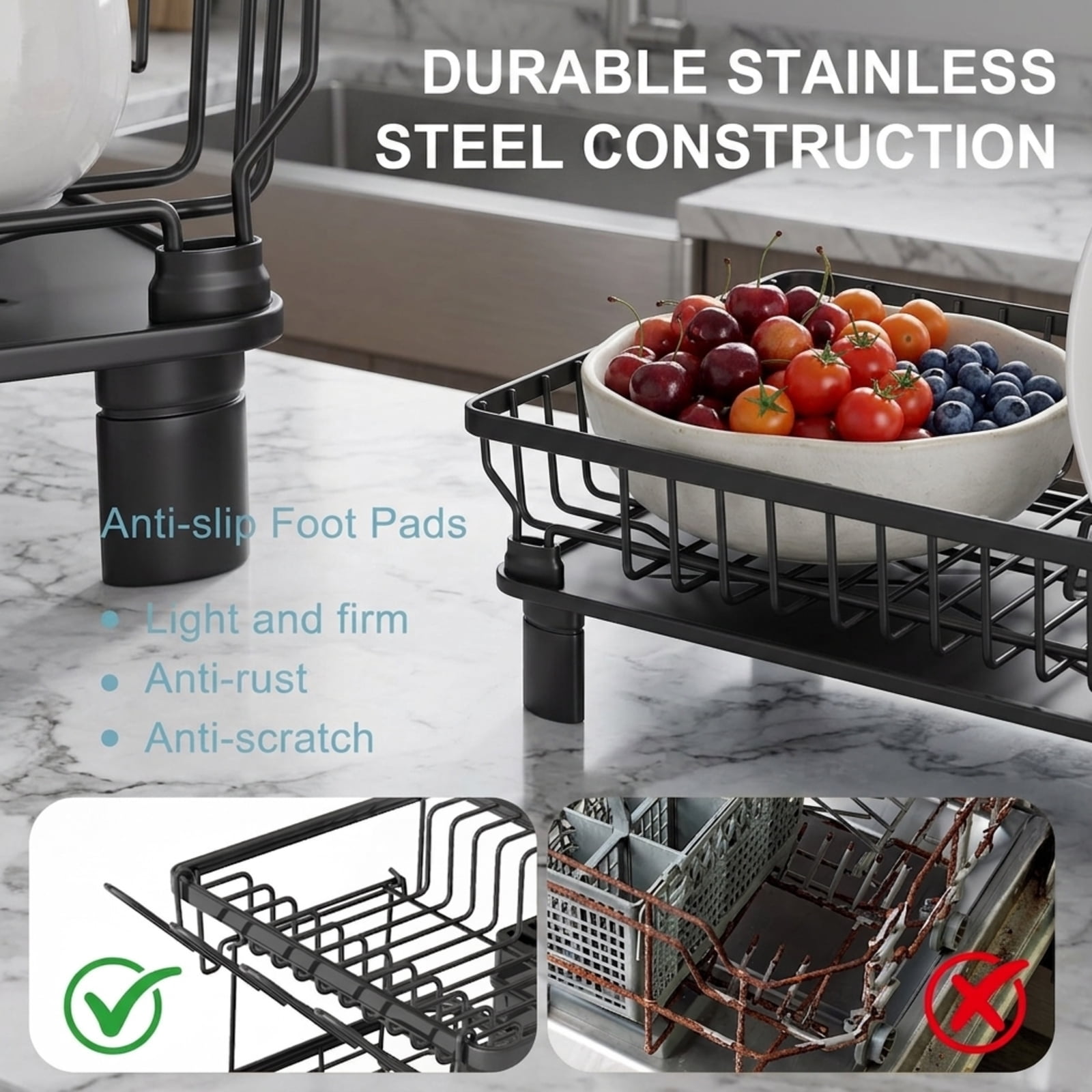 Fenbeli 2-Tier Dish Drying Rack with Rotating Drainage Spout, Rust-Resistant Countertop Dish Rack with Utensil Holder, Black
