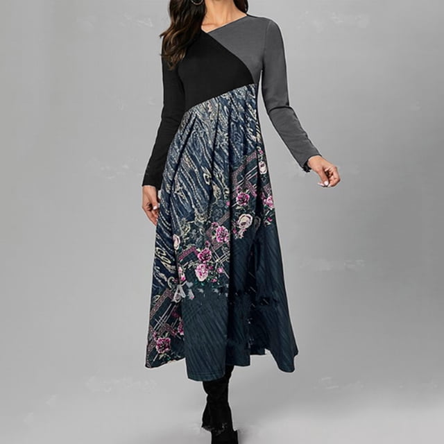 Mikilon Robe Imprimée Bohème Longue, Ajustée, à Manches Longues, Décontractée pour Femmes, Automne et Hiver, Robes d'Automne pour Femmes