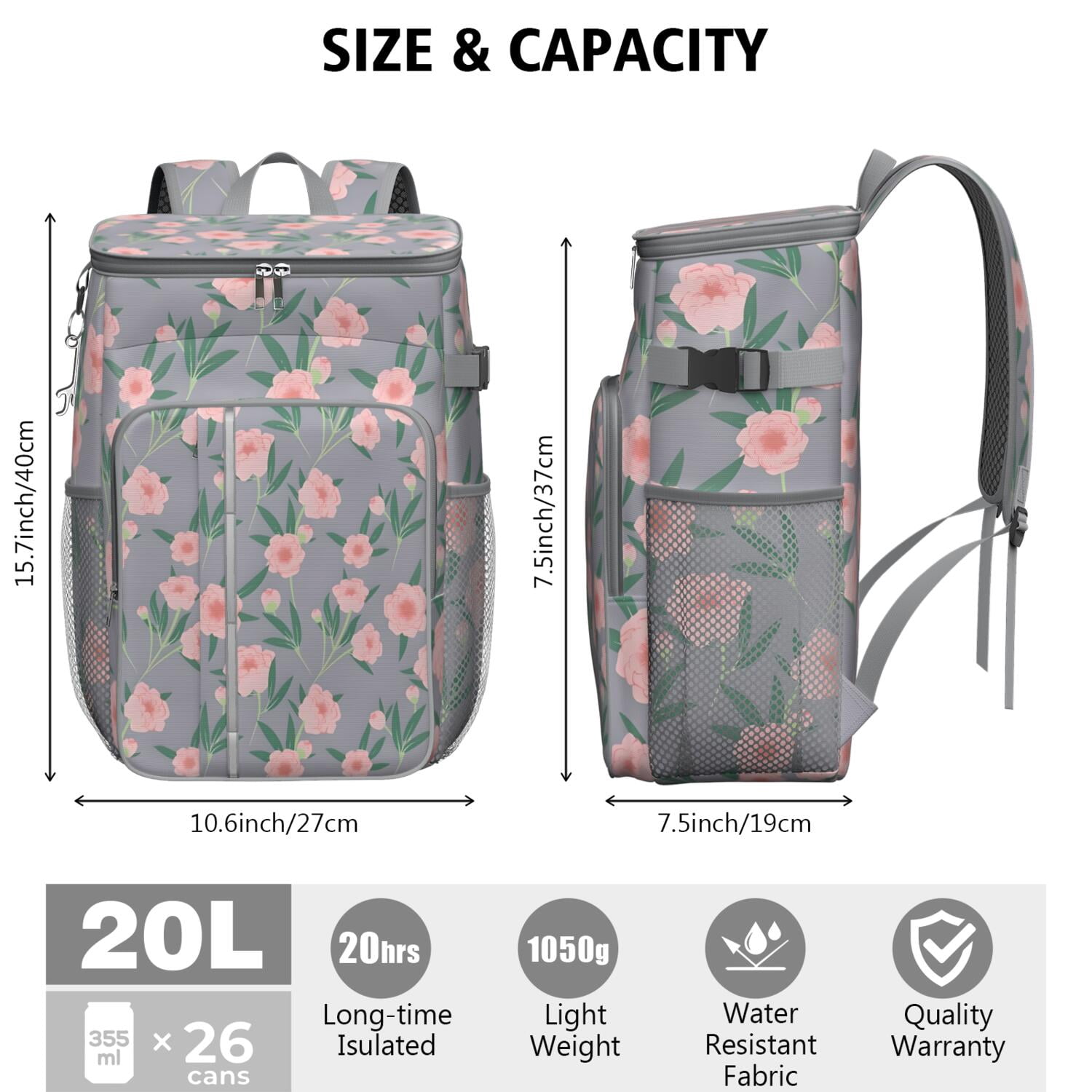 Travel Cooler Bag - Pioneer Flower Floral Print Pattern Camping Beer Cooler Backpack with Bottle Opener- Waterproof Insulated Picnic Backpacks - Cooler Bag for Beach
