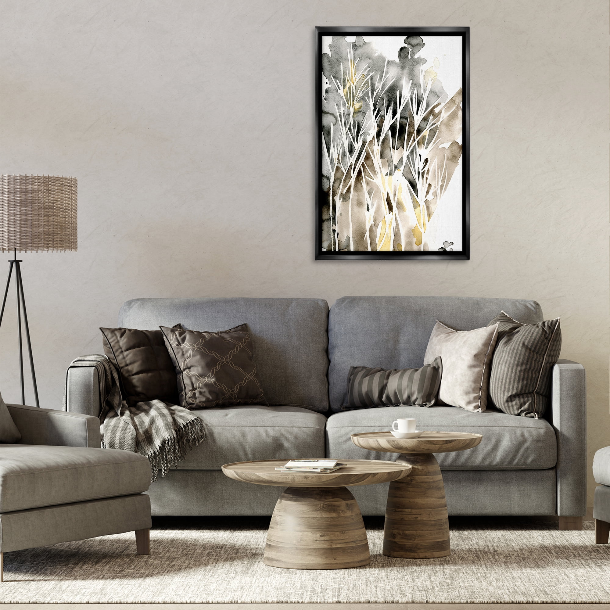 Stupell Industries Abstract Sprigs Watercolor Plants & Flowers Painting Black Floater Framed Canvas Art Print Wall Art, 21 x 31