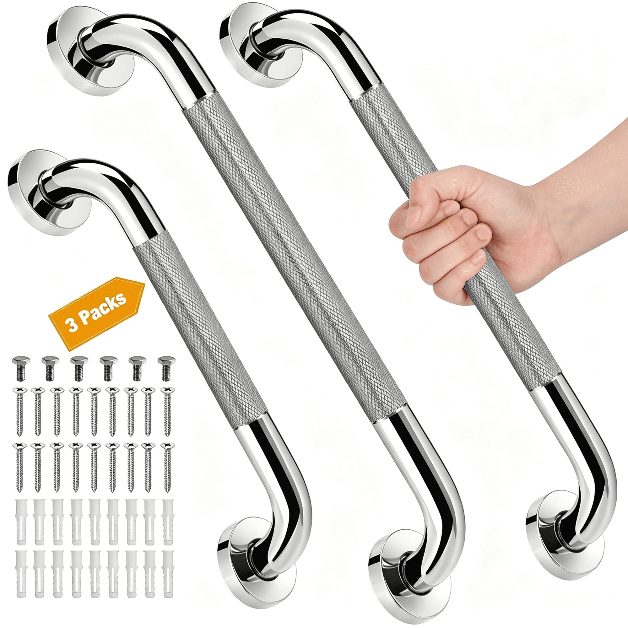 XIBUFE 3 Packs Shower Grab Bars for Bathroom,2 X 16 Inch & 1 X 12 Inch Safety H&Icap Grab Bars for Wall,Anti-Slip Shower H&Les for Elderly,Seniors,Disabled,Shower H&Rails for Bathtub Toilet
