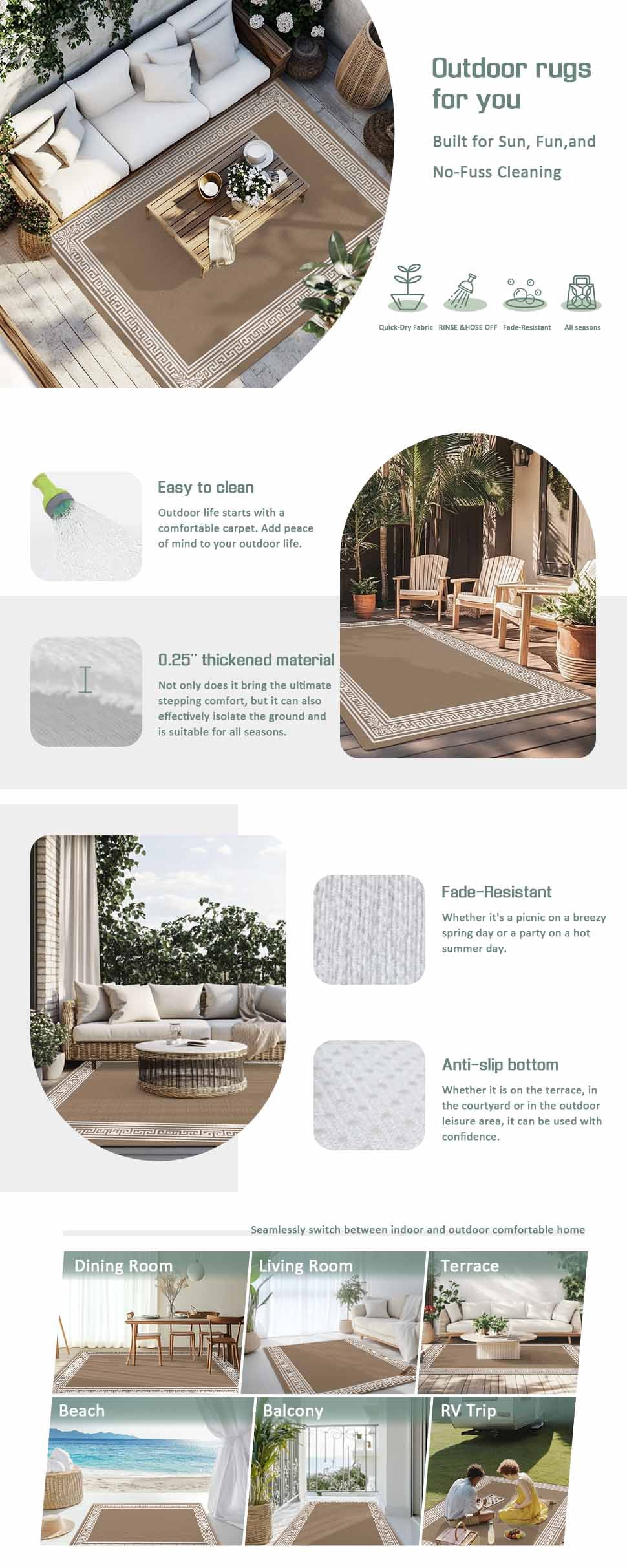 Brown Geometric Outdoor Rug 5x8 Ft - Reversible Patio Rug Outdoor Camping Rugs, Vintage Greece Key Washable Indoor Outdoor Area Rugs, Non-Slip Outdoor Carpet Runner for Deck/Porch