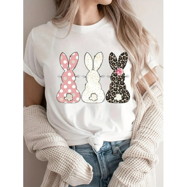 Camiseta informal de cuello redondo para mujer, de punto de algodón, largo regular, con estampado de conejito de Pascua: lunares rosas, conejo blanco y leopardo. Ideal para todas las estaciones. Para