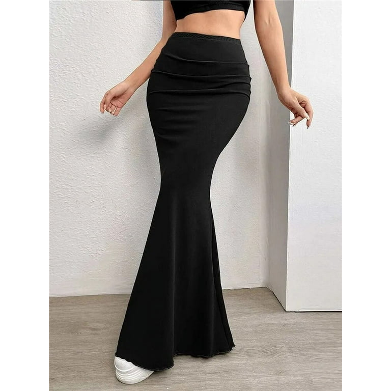 Solid Bodycon Ruched Long Skirt Women Sexy Black Elastic Elegant High Waist Mermaid Maxi Skirts Summer Streetwear Walmart