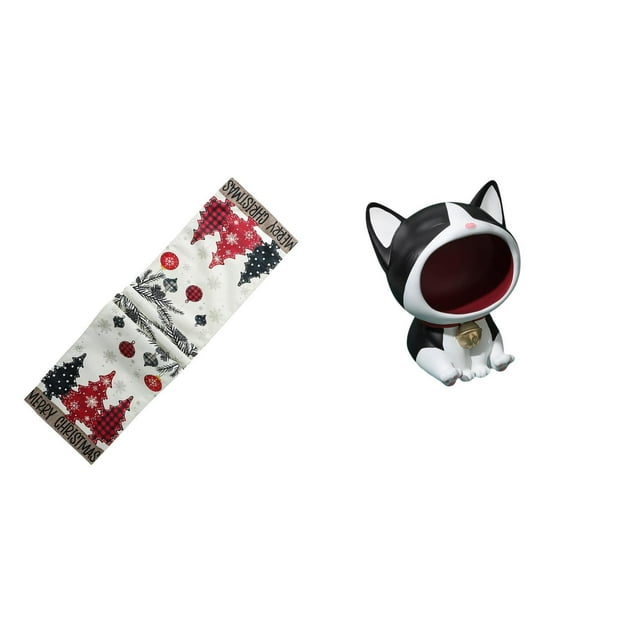 Camino De Mesa Festivo De Invierno Y Adorno De Estatua De Gato Para Decoración Navideña. Mantel Reutilizable De Temporada Con Figura Decorativa Central.