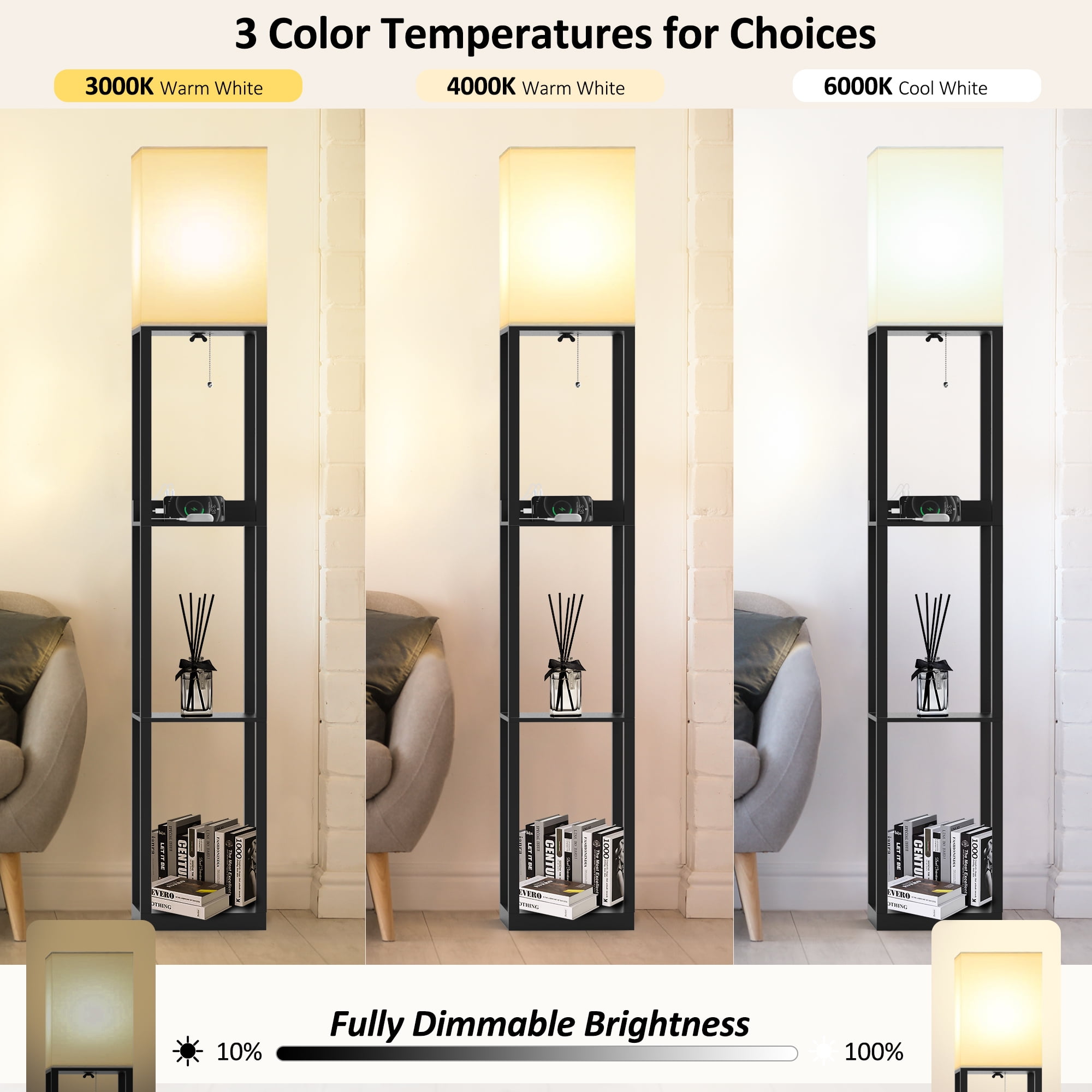Jurulu LED USB Floor Lamp with Storage, 3 Color Temperatures, Solid Wood, 2 Charging Ports & Power Outlet, Matte Black