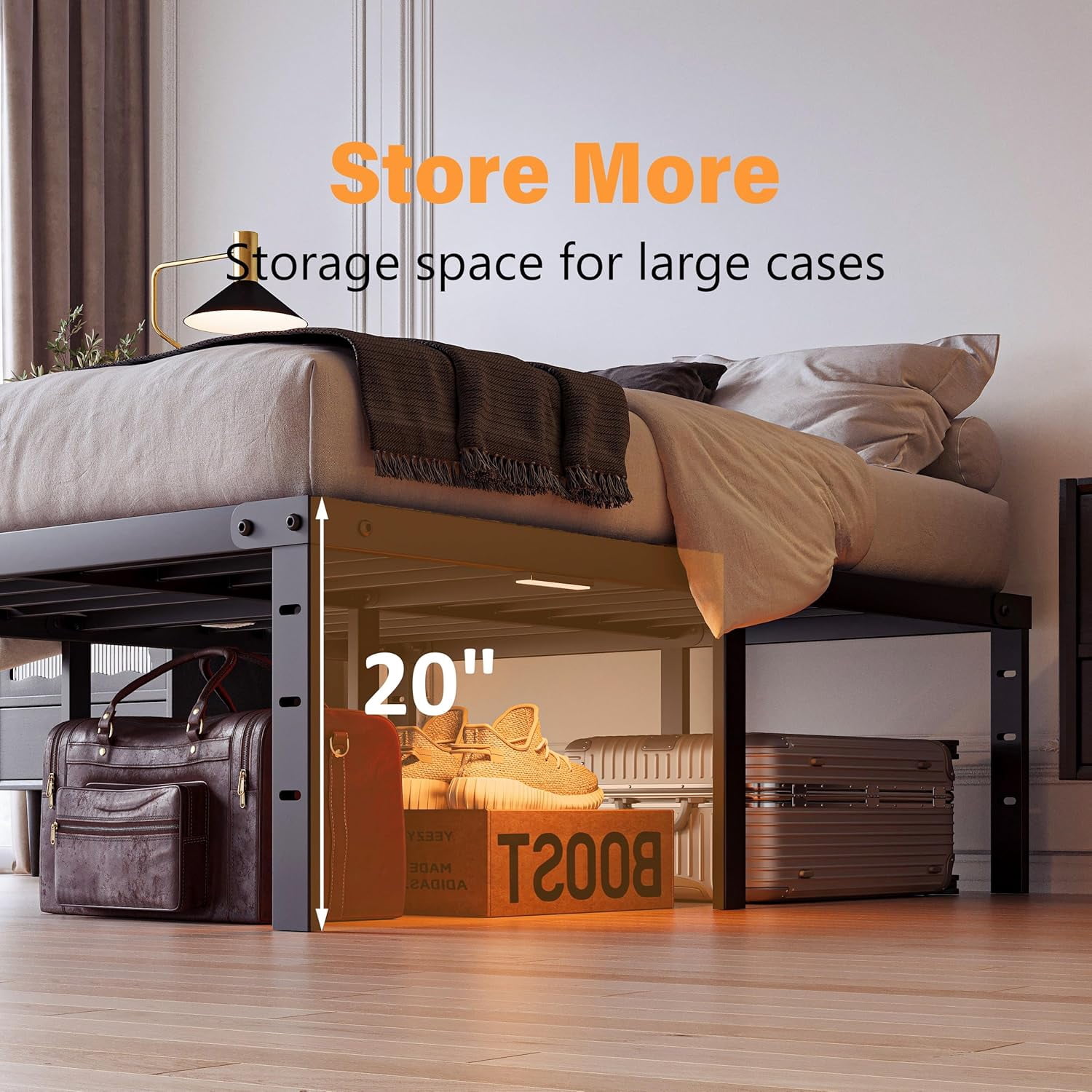 20 Inch Tall Bed Frame Queen Size with LED Night Light, Metal Platform Bed Frame Queen Storage Space Under The Bed, No Box Spring Needed, Easy Assembly, Heavy Duty, Noise-Free, Black