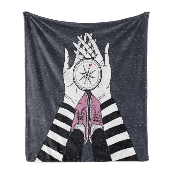 Compass Soft Flannel Fleece Throw Blanket, Searching for Love Girl Holding a Navigation Device Hand Drawn Image Print, Cozy Plush for Indoor and Outdoor Use, 50" x 70", Blue Grey White, by Ambesonne