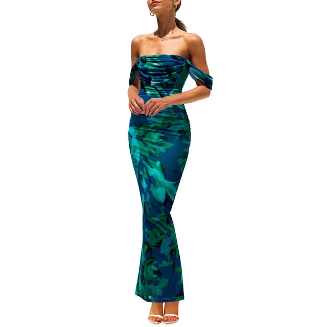 Vestido largo PRETTYGARDEN para mujer, ajustado fruncido, verde y floral