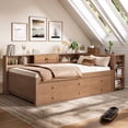 thumbnail image 4 of Harper & Bright Designs Twin Size Daybed Bed with Trundle and Storage Drawers, Wood Corner Bed Frame with Desk and Side Shelves for Boys and Girls, Brown, 4 of 13