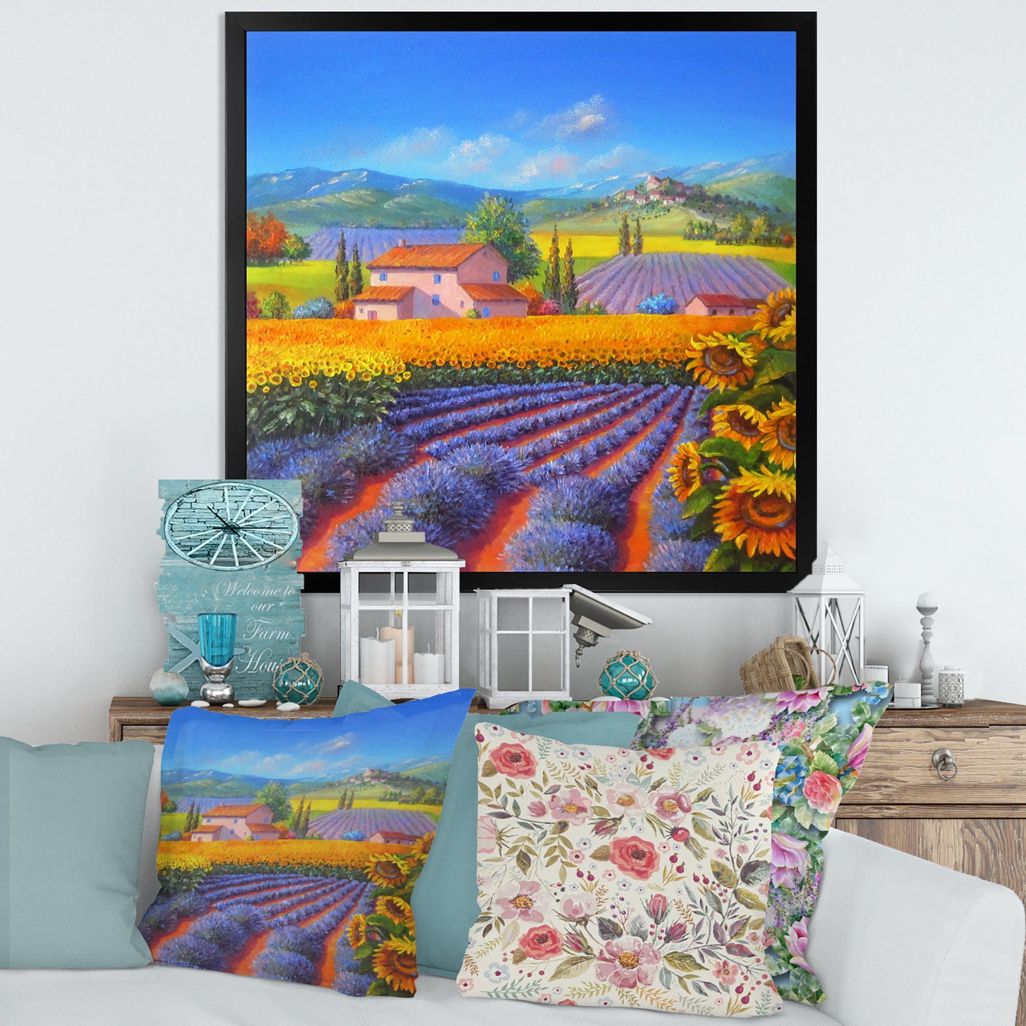 Designart 'Sunflower and Lavender Fields' Traditional Framed Art Print