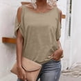 thumbnail image 2 of hlysgo Women Cold Shoulder Tops Short Sleeve Scoop Neck Tee Summer Casual Loose Fitting Solid Color Tunic Shirt Khaki,S, 2 of 6