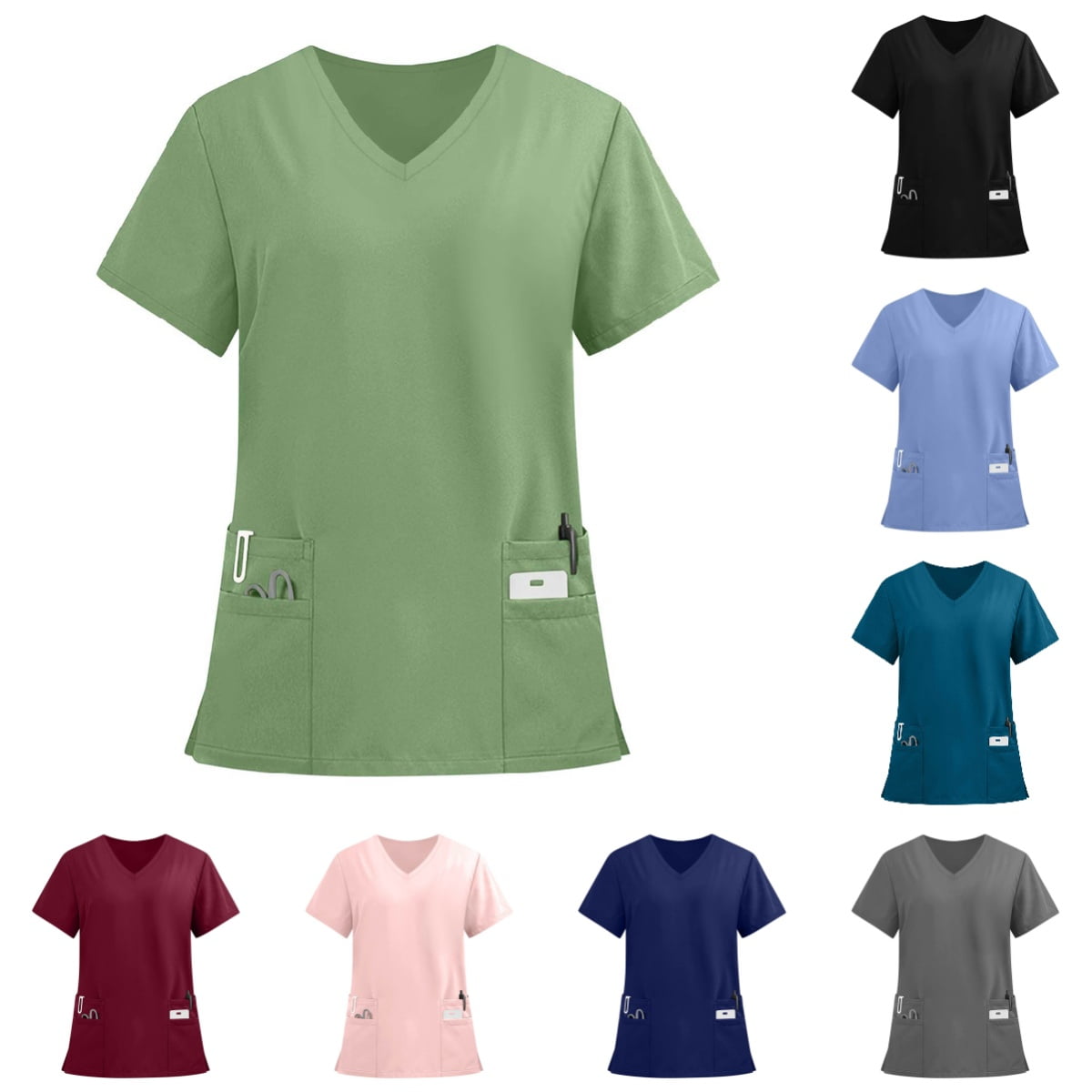 Domuza Scrub Tops for Women Casual Soft Stretchy Short Sleeve V Neck T Shirts Breathable Comfort Nurse Uniforms Tops with Multiple Pocket Green 3XL