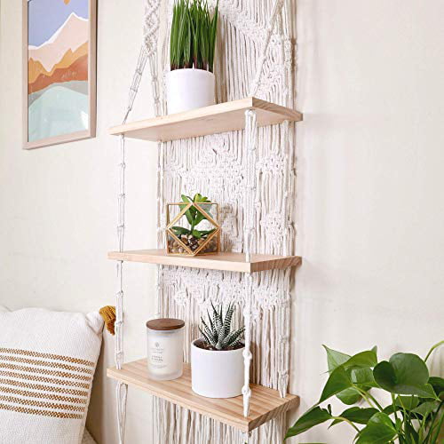 Boho Wall Decor Hanging Shelves Macrame Wooden Shelf for Flower Pot Planters 