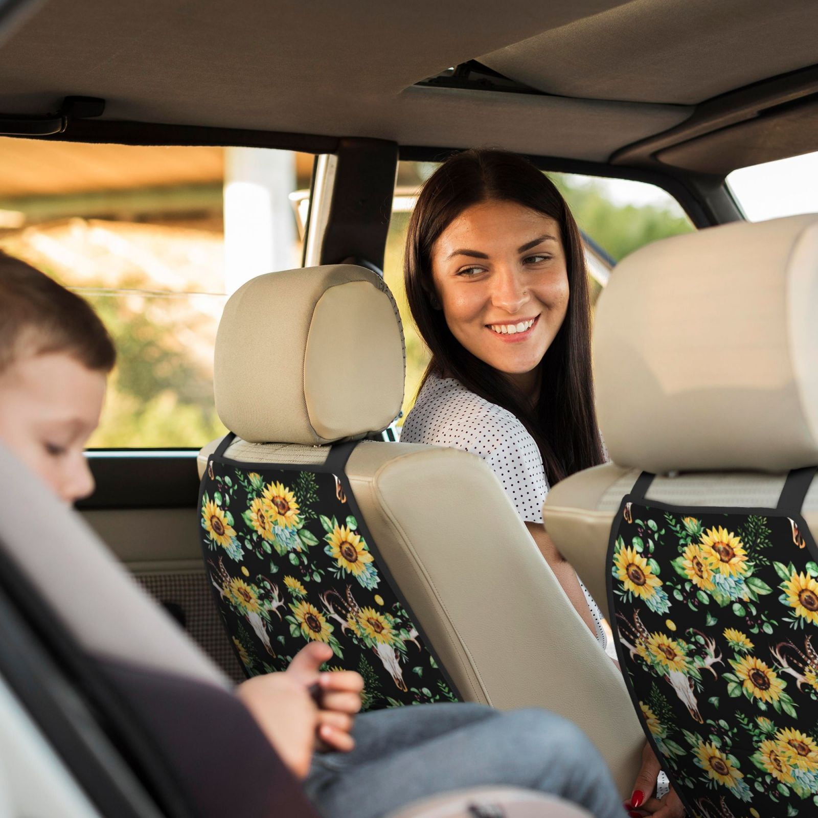 Xecao Sunflower Skull Boho Pattern Car Seat Back Protector 2 Pack Large Capacity Pocket, Kick Mats Back Seat Protector