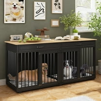 NARTRU 72.4" Large Double Dog Crate Kennel Furniture with Divider and 2 Drawers for 2 Medium or Large Dogs Indoor, Black Natural Tabletop