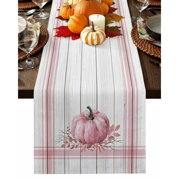 Fall Table Runner 13x120 Inch Pink Pumpkin Thanksgiving Fall Leaf Vintage Wood Grain Table Runners Dresser Scarves Holiday Kitchen Dining Table Decoration for Home Party Indoor