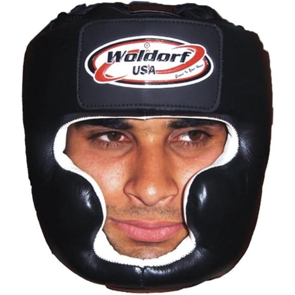 Woldorf USA Boxing Head Guard in Leather with Chin Protection,Sparring MMA (Black, X-Large)