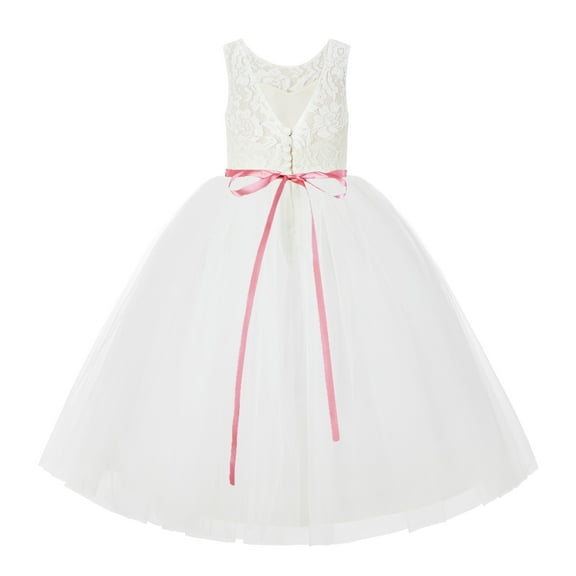 Ekidsbridal Girl Wedding Flower Girl Dress - Ivory V-Back Lace Tulle Tutu Button Down Back 212R4-A (Size: 2-10)