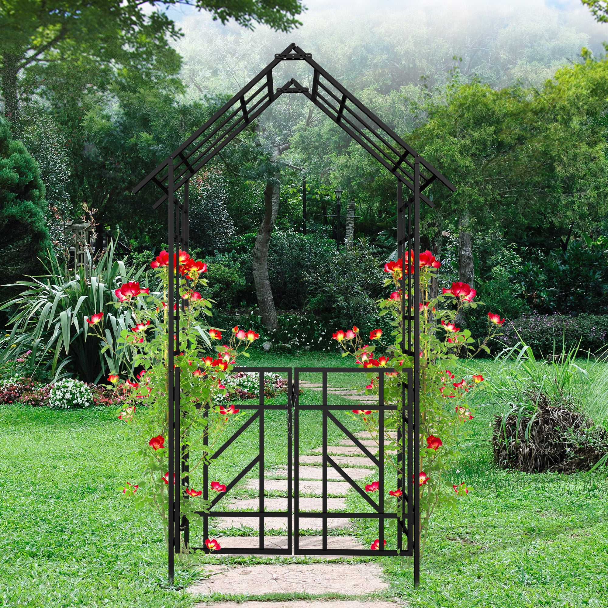 Garden Arch with Gate, Climbing Plants Support Rose Arch Outdoor Black