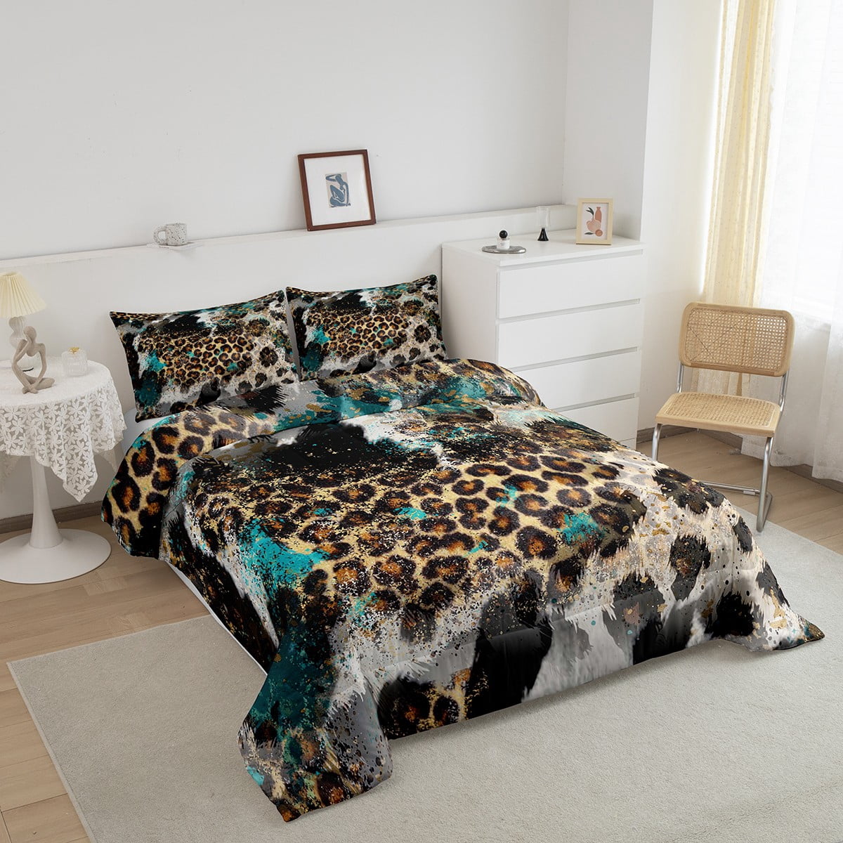Leopard Print Comforter Set Twin Size,Adults Bedroom Decor,Black White Cow Texture Down Comforter,Abstract Animals Bedding Set,Rustic Farmhouse Duvet Insert
