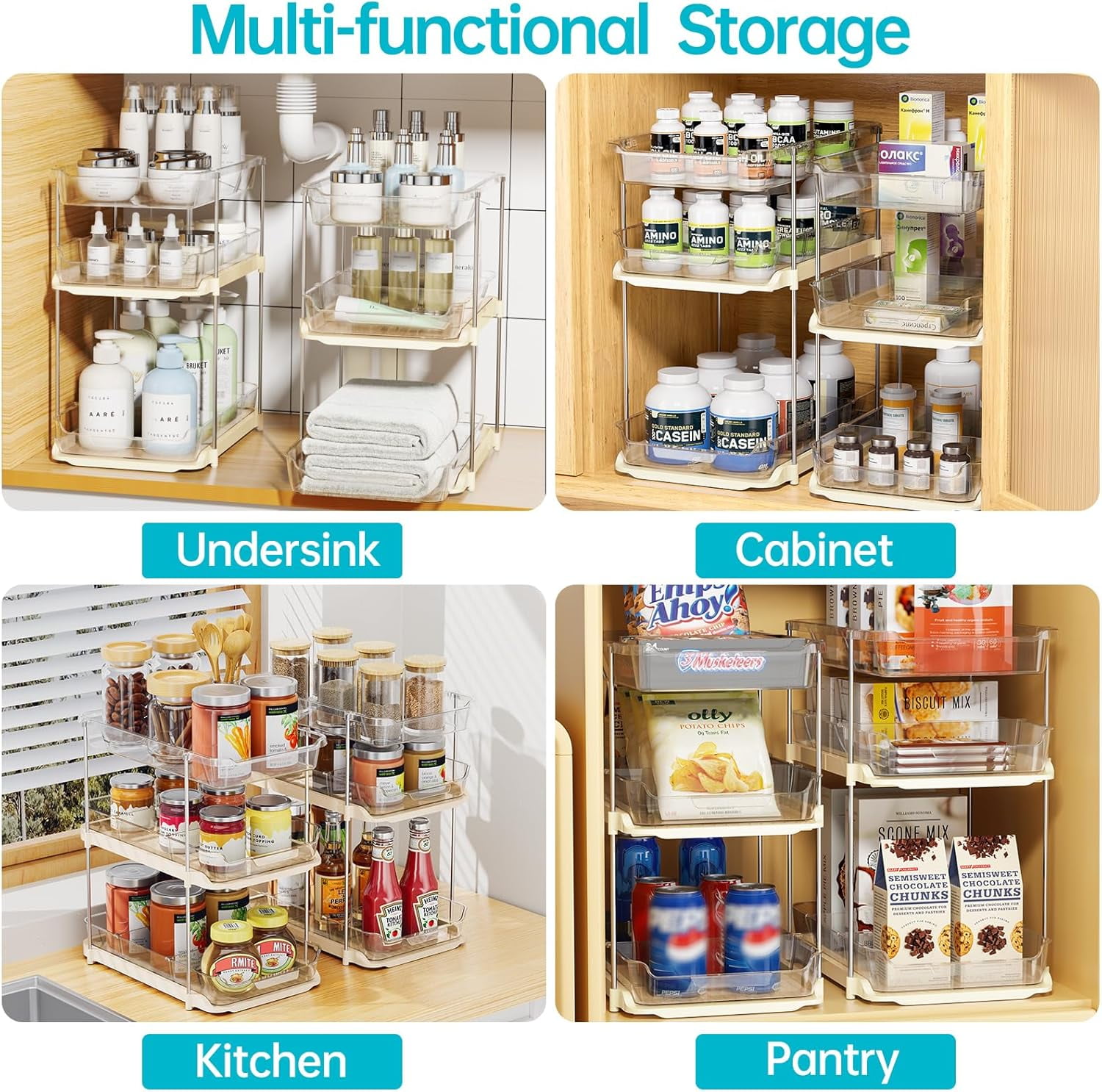 3 Tier Pull-Out Under Sink Organizer Storage, Delamu Bathroom Stackable Pantry Counter Sliding Cabinet Organization and Storage, 2 Sets, Beige