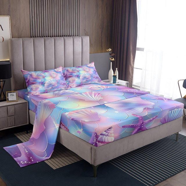 Erosebridal Ensemble de Draps Coquillages de Rêve Lit Simple, Ensembles de Literie Violets Taille Lit Simple, Décor Écailles de Sirène 3 Pcs