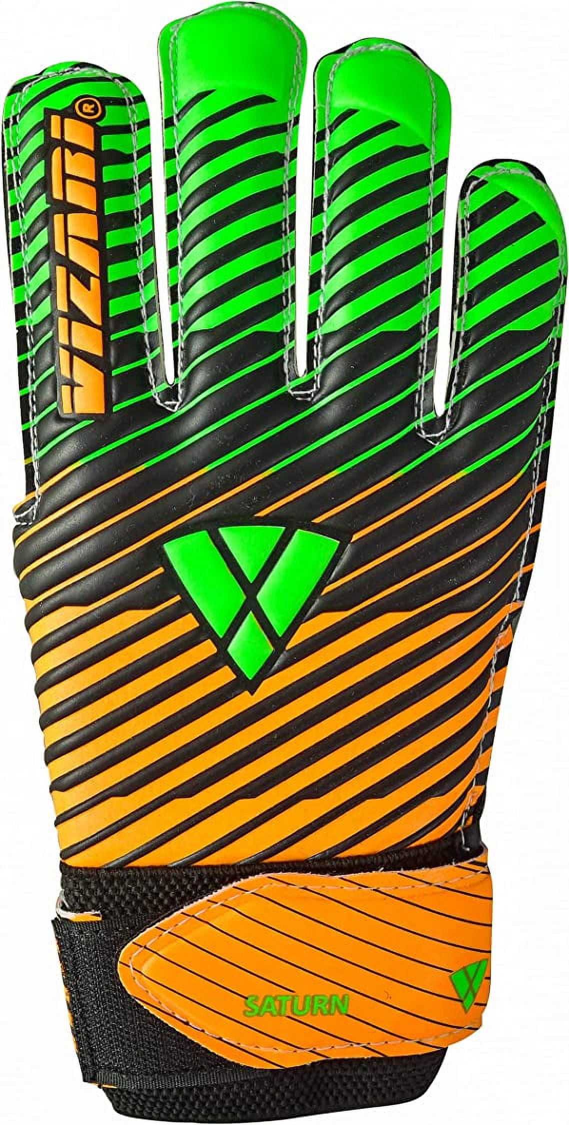 VIZARI Sports Saturn Soccer Goalie Goalkeeper Gloves Size 5 Green for Kids Youth & Boys, Football Gloves with Grip Boost Padded Palm and fingersave Flat Cut Construction