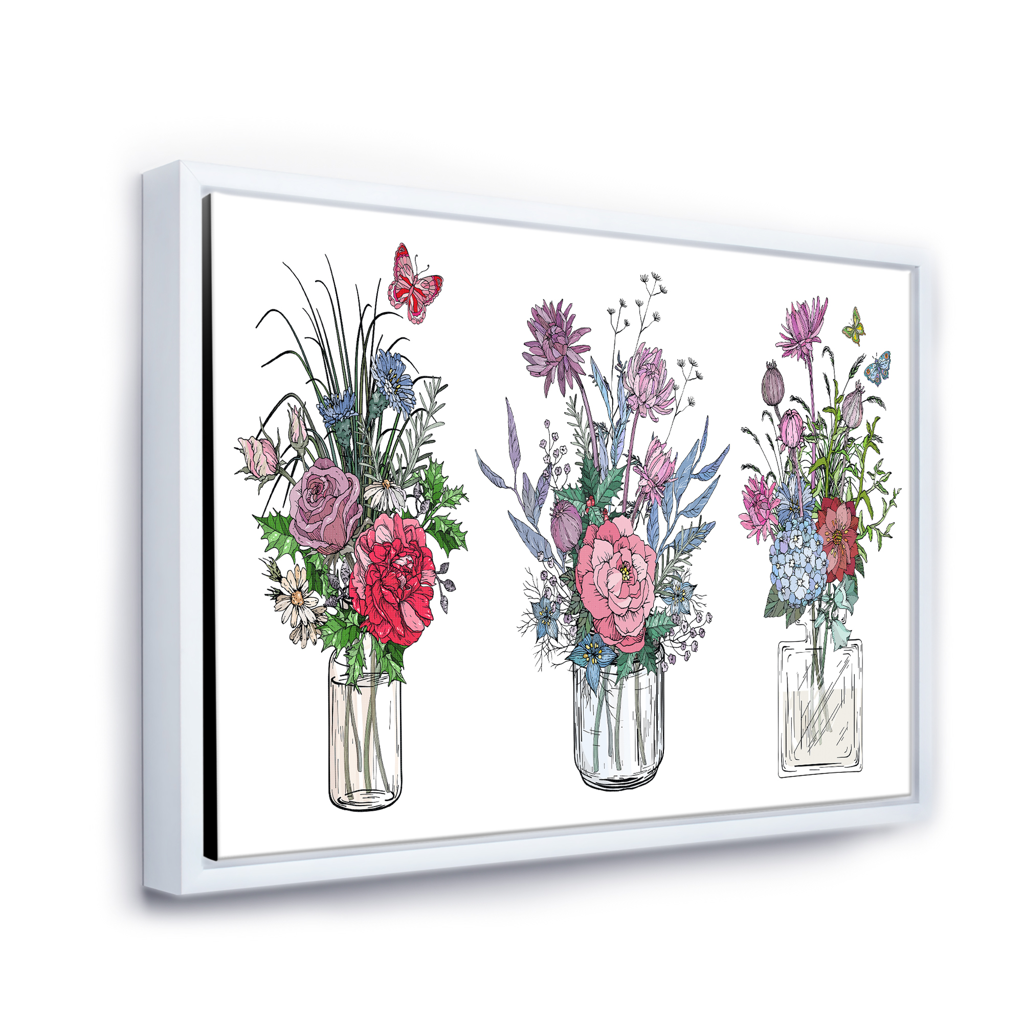 Designart 'Transparent Vases With Bouquets of Wildflowers I' Farmhouse Framed Canvas Wall Art Print