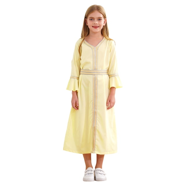 Lejafay Robe Décontractée à Manches Longues pour Filles, Robe de Danse d'Église, Robe Musulmane, Jaune Clair 130