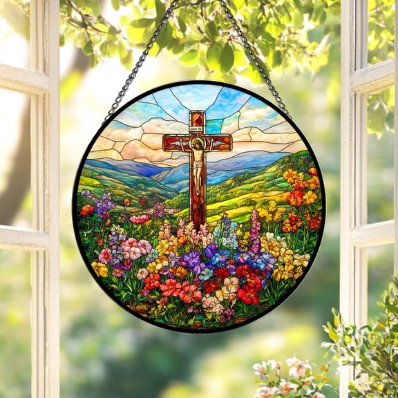 Stained Glass Cross Window Hanging Decoration, Christian Religious Suncatcher Floral Mountain Easter Gift
